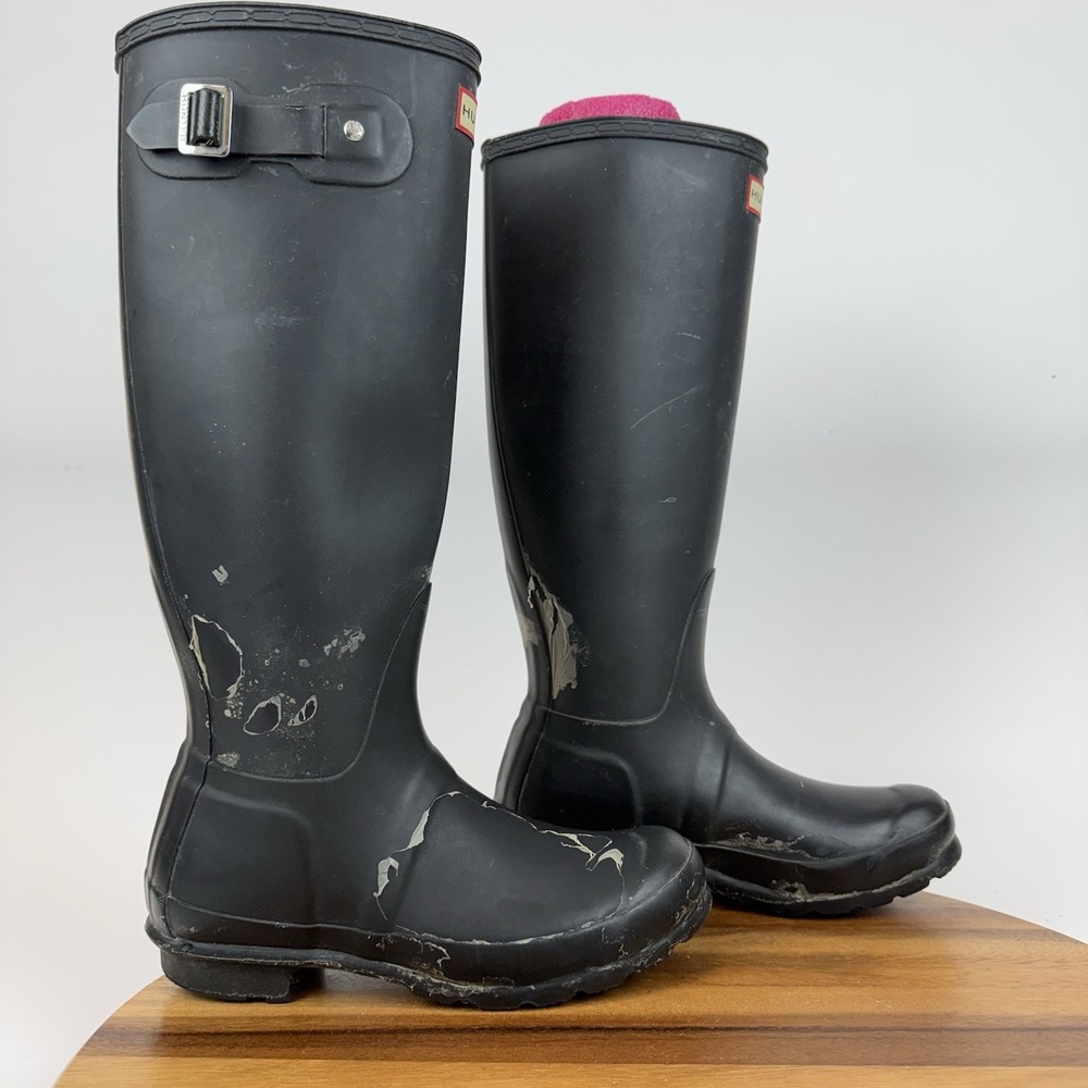 Womens Hunter Matte Black‎ Rubber Classic Tall Knee High Rain Boots Size 6 M GUC